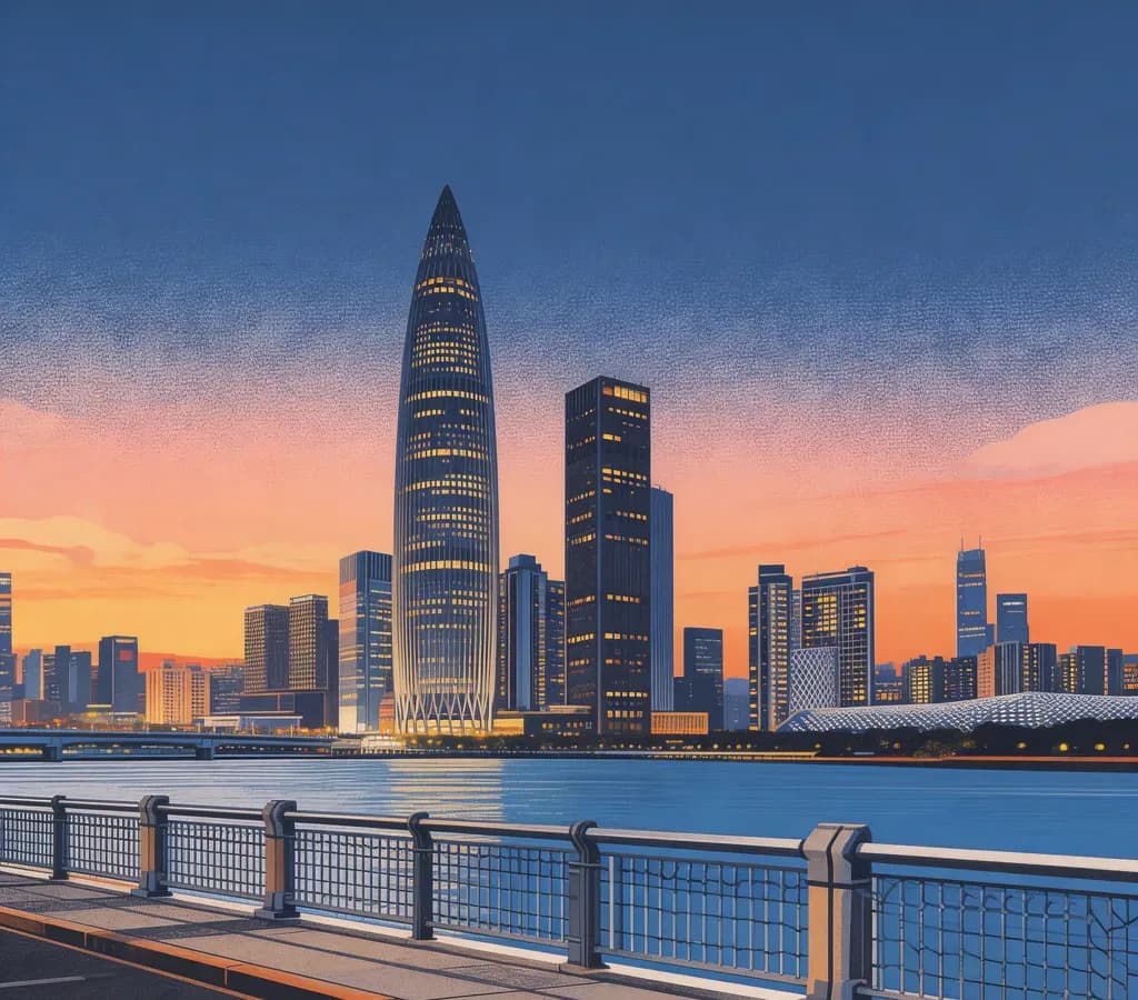 Shenzhen skyline at dusk — China Resources Tower and Futian district viewed from the waterfront